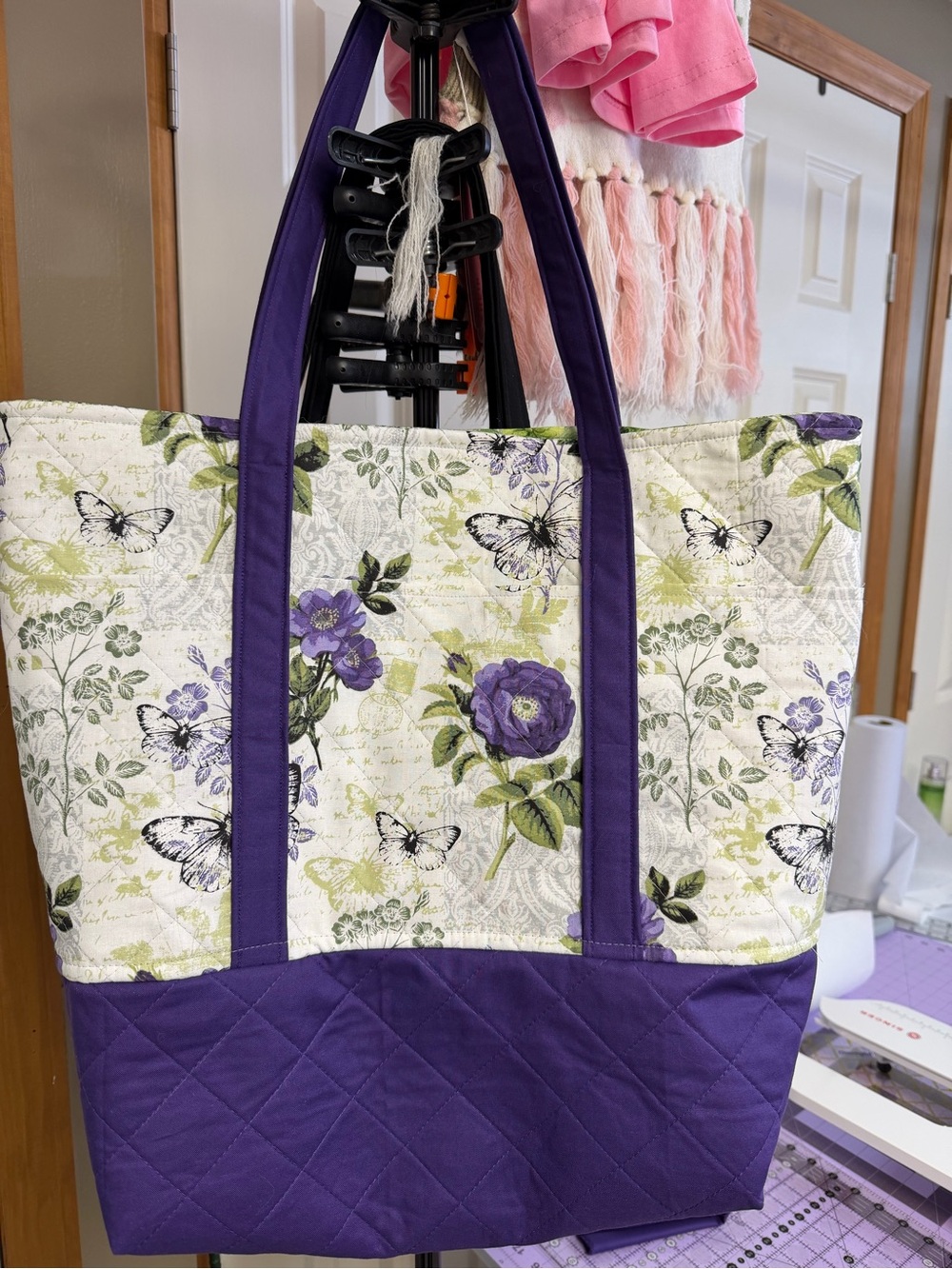 Quilted Floral Tote Bag with Purple Accents